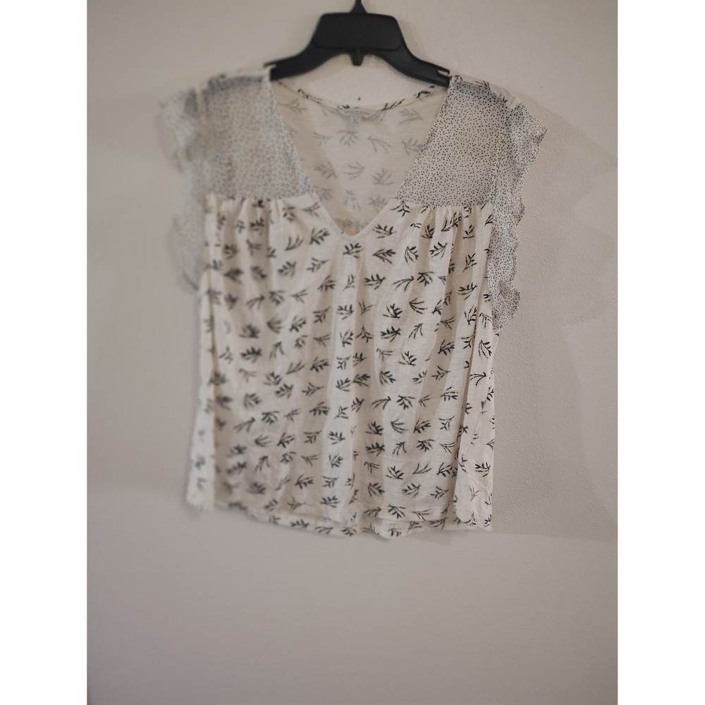 Lucky Brand Mixed Print V-Neck Ruffle Cap Sleeve Boho Blouse XL White Black